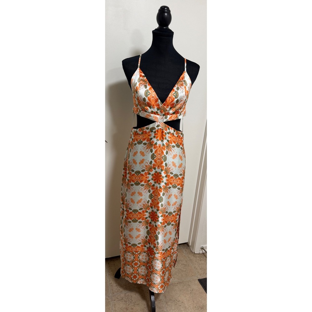 House of Harlow 1960 Floral Satin Cut Out Maxi Dress Orange Green Medium